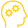 Minimalist human head in profile with gears inside in yellow.