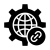 Black gear with minimalist globe inside. There is also a chain link in front of the gear.