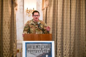 TRADOC hosts 27th Annual Worldwide OPFOR Conference 1 Lt Col Gambone addressing a crowd at the U.S. Army Worldwide OPFOR Conference